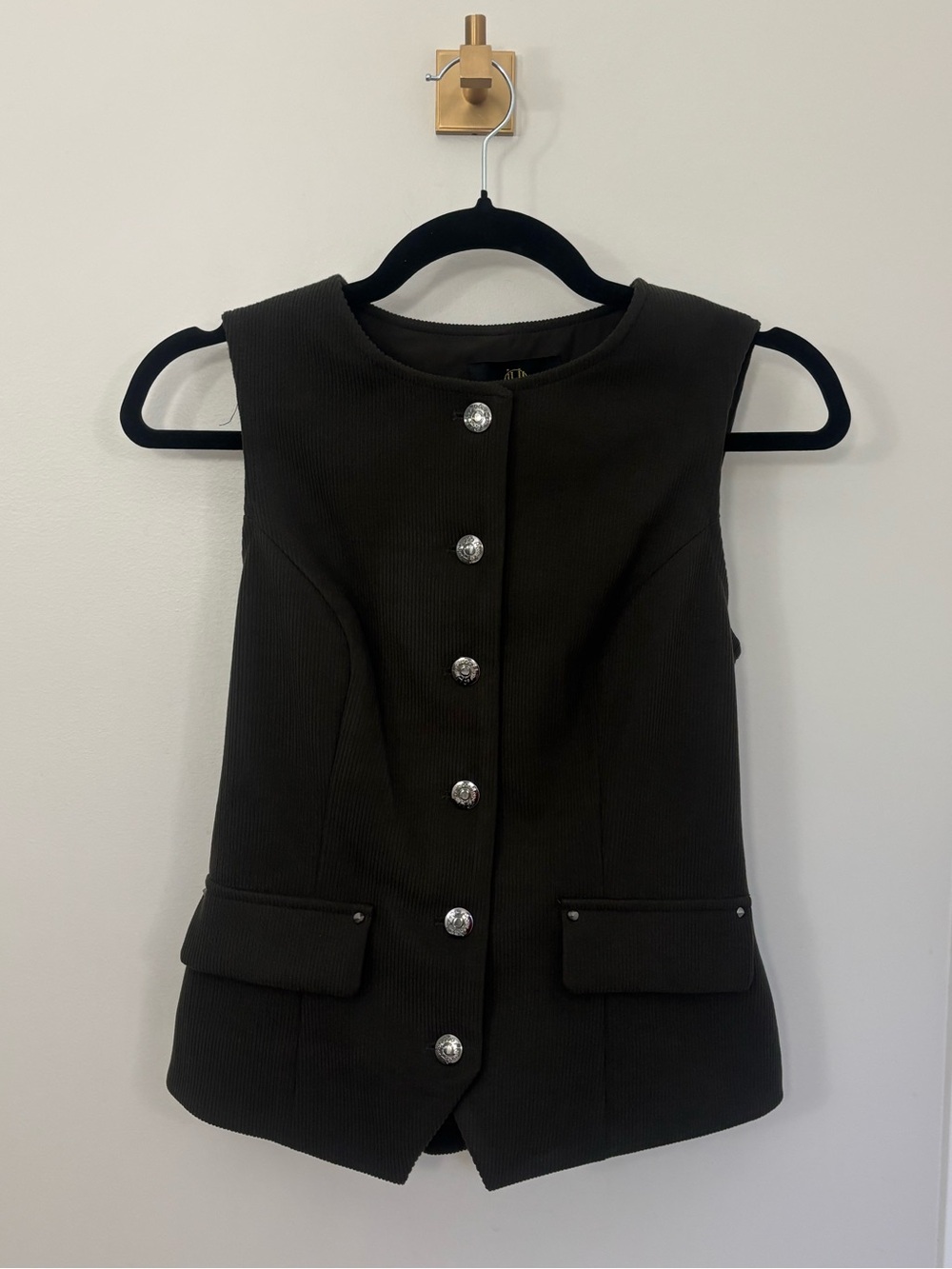 Dark Green Sleeveless Textured Button-Front Vest